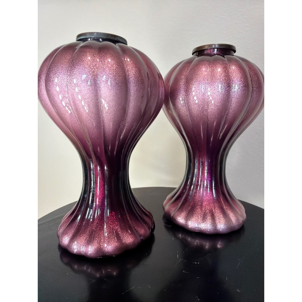Candle Holders Vintage Glam MCM Hourglass Ribbed Purple Art Glass Luxury 7"